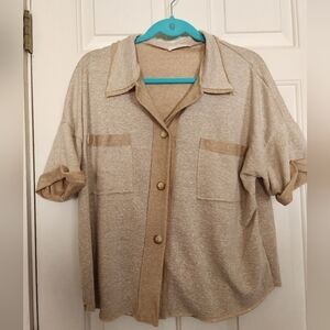 Minimalist neutral Casual beige button shortsleeve collared Top Size XL